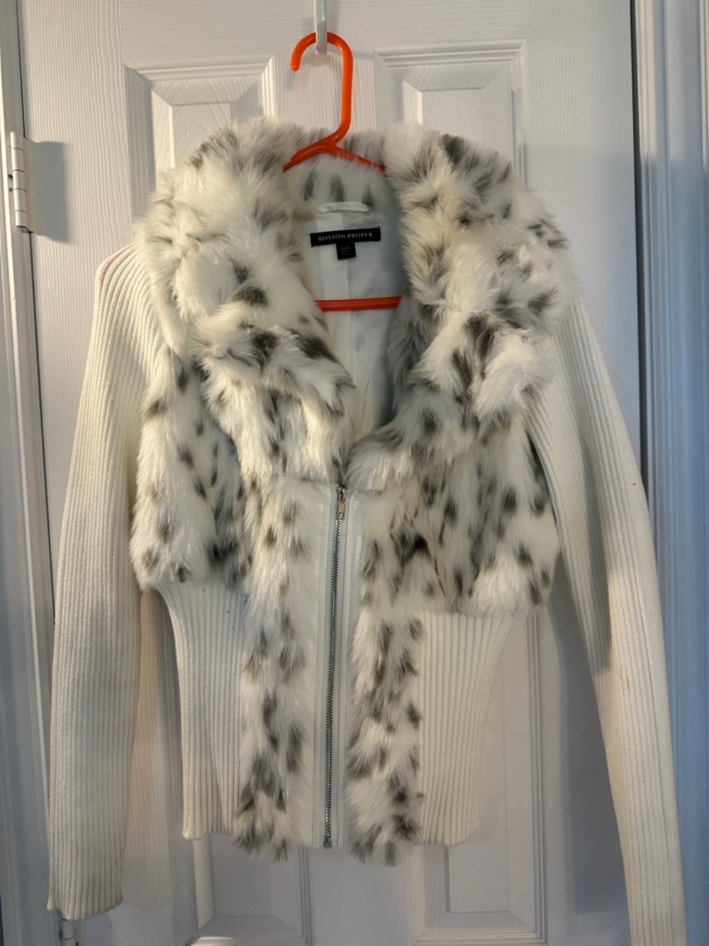 Boston Proper Cream Ribbed Jacket with Faux Fur Spotted Trim